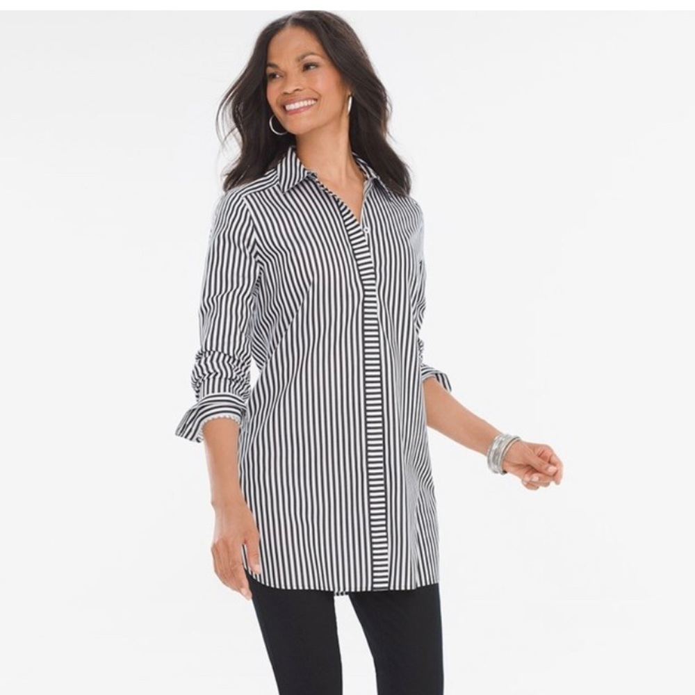 Chico’s black and white striped tunic top size 0